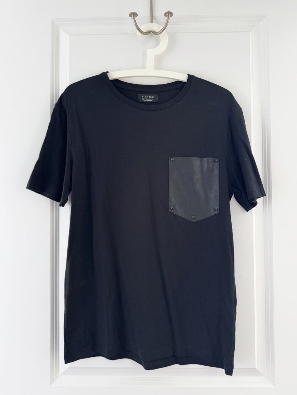 ZARA MAN Leather Pocket Tee – Black – Size S
